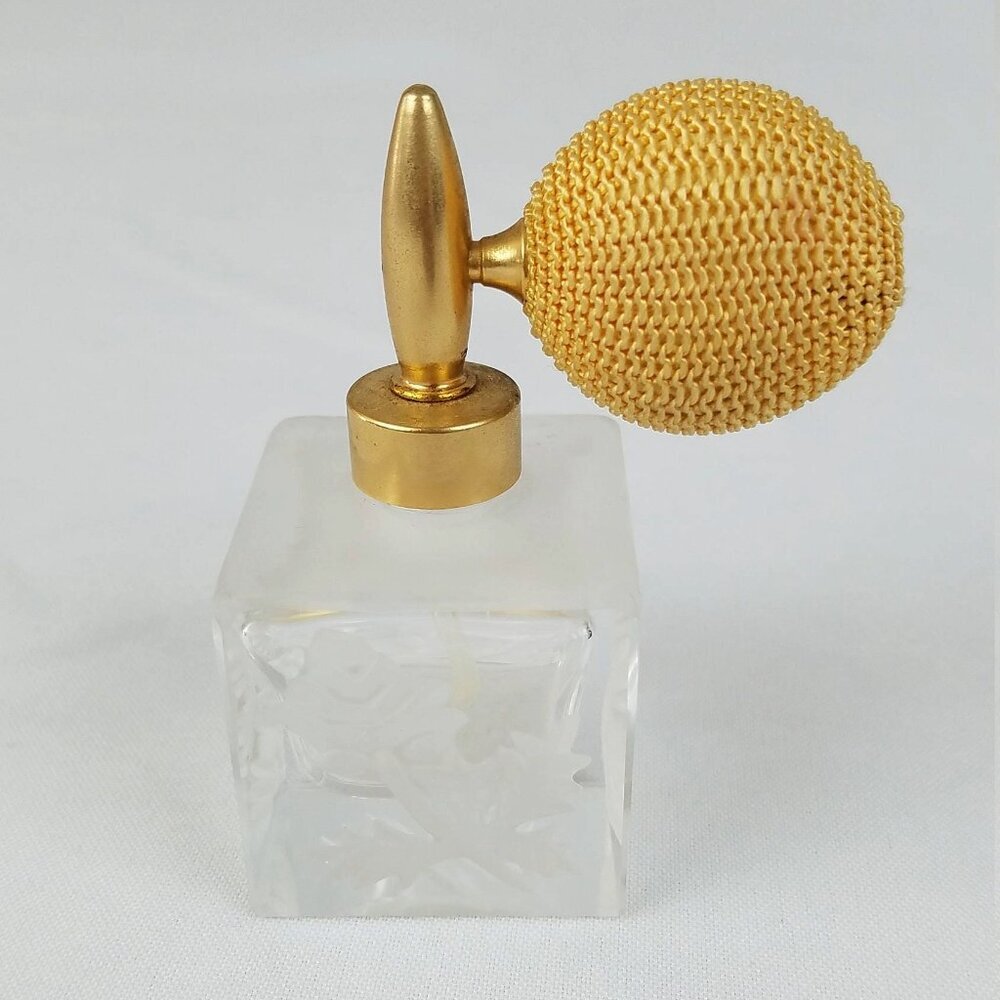 Vtg acid etched‎ gold tone powder puff glass perfume bottle vanity Florentine
